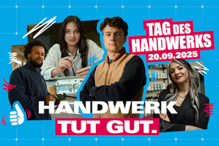 Gewinne am Tag des Handwerks Einblicke in die Hörakustik 4 junge Menschen mit Kampagnenmotto "Handwerk tut gut" zum Tag des Handwerks am 20.9.2025
